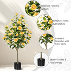 Artificial Camellia Tree 2 Pack, Artificial Plants Outdoor Faux Floral Plant in Cement Pot Fake Silk Camellia Tree Plants for Home House Living Room Office Decor