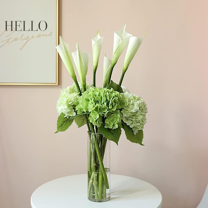 4pcs 21" Faux Dark Green Hydrangeas Artificial Flowers, Real Touch Silk Hydrangea Flowers with Stems for Bridal Wedding Bouquet Party Home Decor