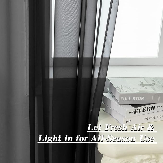 HUTO Black Sheer Curtains 54 inches Long for Bedroom Top Rod Pocket Sheer Window Panels Curtains for Nursery Living Room 52 by 54 Inch Length Set of 2