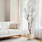 Faux White Cherry Blossom Tree 6.5ft(84in)Tall Artificial Plant Indoor Decor Handmade Natural Fake White Flower Tree for Wedding Realistic Cherry Plant in Pot for Home Living Room,Office Decor.