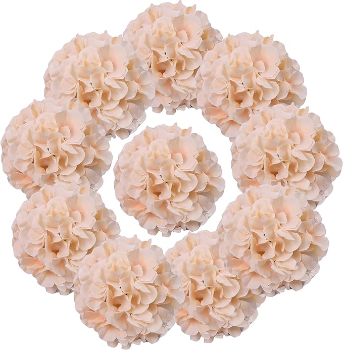 AVIVIHO 10pcs Hydrangea Artificial Flowers Champagne Fake Hydrangeas Flowers with Stems Full Fluffy, Realistic Silk Hydrangea for Table Centerpieces, Wedding,Party,Home Decor