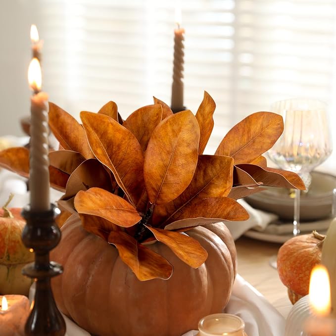 4 Pcs Fall Magnolia Silk Leaves Branches 22 Inch 3D Real Touch Autumn Faux Magnolia Stems Fake Orange Leaves Twigs for Indoor Outdoor Vase Filling Home Wedding Decoration