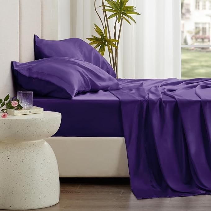 Love's cabin Satin Queen Sheets Set - 4 Piece Purple Silky Bed Sheets Set with Deep Pocket, Luxury Silk Feel Satin Queen Size Sheet Set (1 Flat Sheet,1 Fitted Sheet,2 Pillow Cases)