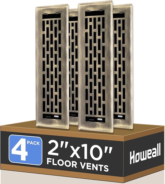 2x10 Inches 4 Pack Heavy Duty Walkable Floor Register - Easy Adjust Air Supply Lever Decorative Floor Vent Covers, Boston Design Vent Covers for Home - Antique Brass