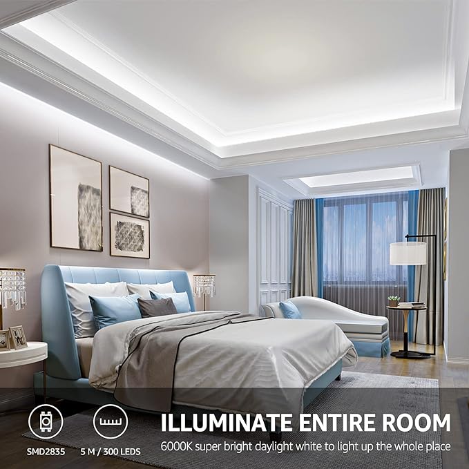 Lepro LED Strip Light White, 16.4ft Dimmable Vanity Lights, 6000K Super Bright LED Tape Lights, 300 LEDs 2835, Strong 3M Adhesive, Suitable for Home, Kitchen, Under Cabinet, Bedroom, Daylight White
