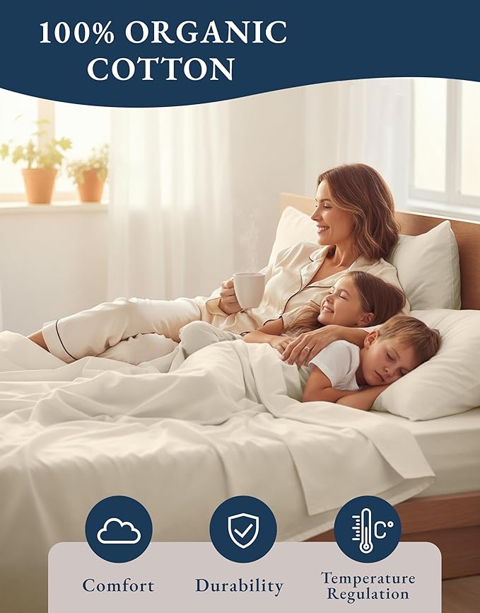 LANE LINEN 100% Organic Cotton Queen Sheets, 4Pc Cotton Sheets Set, Classic Percale Weave Bedsheets Queen Size Bed, Soft Breathable Sheet & Pillowcase Sets, Deep Pocket 15" - Natural