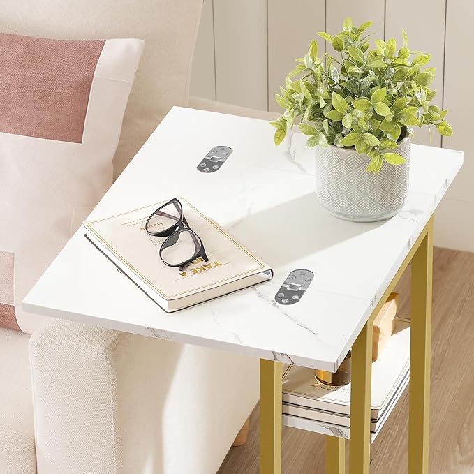 HOOBRO Foldable End Table, Gold C Shaped Side Table with Storage Shelf, Small Snack Table Suitable for Living Room Bedroom Small Spaces, Easy Assembly, Gold and Marble DM29SF01