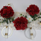 Flower Table Centerpieces - Set of 6 Floral Arrangement Artificial Wedding Hydrangeas Floral Arrangement with Rustic Metal Vase for Bridal Tea Party Event Decorations - Deep Red