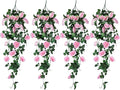 RECUTMS 4PCS Artificial Rose Vine Hanging Plants Fake Flower Outdoor Flowers UV Resistant for Indoor Outside Garden Porch Window Box Home Wedding Farmhouse (Pink)