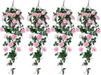 RECUTMS 4PCS Artificial Rose Vine Hanging Plants Fake Flower Outdoor Flowers UV Resistant for Indoor Outside Garden Porch Window Box Home Wedding Farmhouse (Pink)