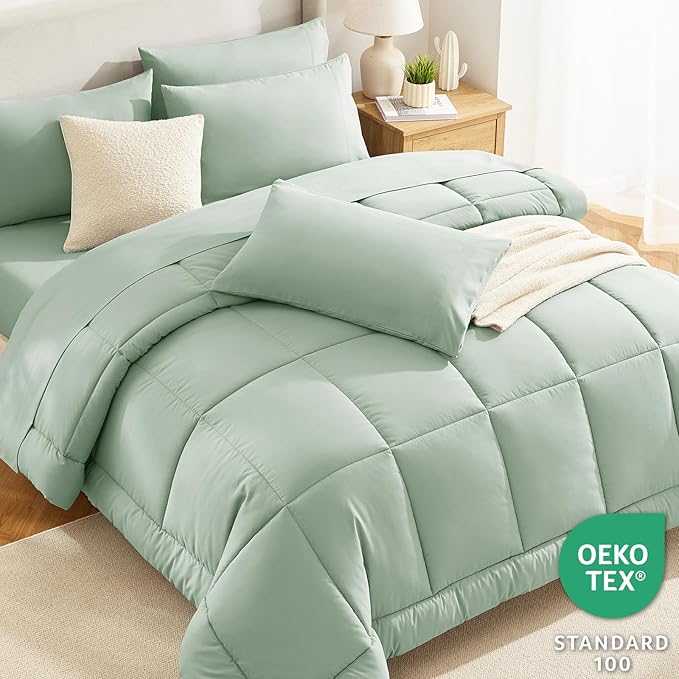 CozyLux Full Size Comforter Sets Sage Green, 7 Pieces Bed in a Bag, Green Comforter Full Size, All Season Bedding Sets with Stitch Quilted Comforter, Flat Sheet, Fitted Sheet, Pillowcases