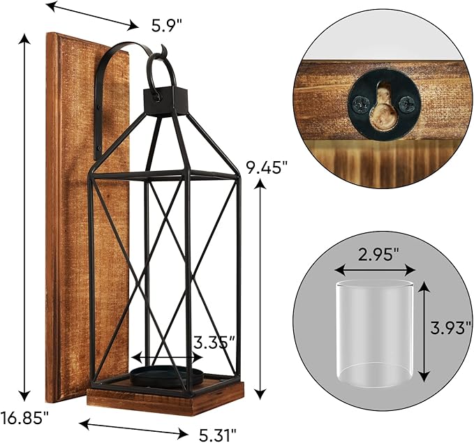 Homemory Wall Candle Sconce, Wood Rustic Candle Holder Decorative Candle Lantern with Glass Holder, Wall Decorations for Living Room, Dining Room