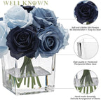 WELL KNOWN Rose Artificial Flowers in Vase with Faux Water, Silk Rose Table Centerpieces for Home Coffee Table Decor, Fake Roses Flower Arrangements for Office Hotel Lavatory Decor (Blue)