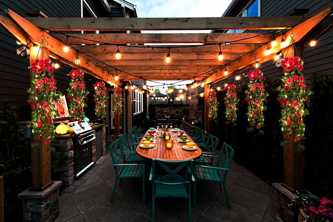 RECUTMS 2pcs Artificial Hanging Plants 32 in Fake Plant Ivy Vine Outdoor UV Resistant Plastic (Rose red)