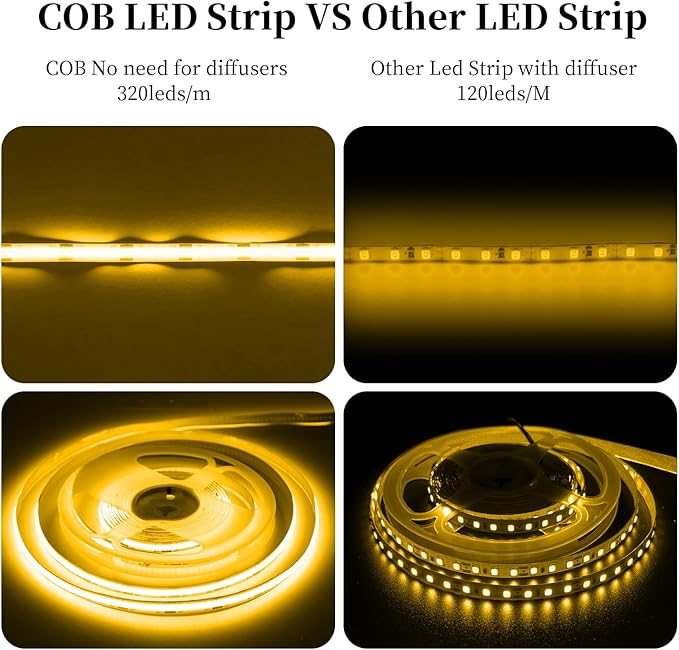 iNextStation COB LED Strip Light Yellow 16.4FT 5M, DC12V CRI 93+ Dimmable Flexible LED Tape Lights for Bedroom, Kitchen, TV Backlight, Cupboard, Wardrobe, Home Lighting Decor