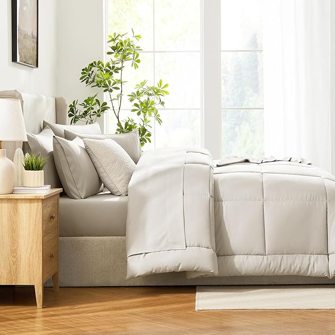 CozyLux Oversized Queen Comforter Sets Beige, 7 Pieces Bed in a Bag, Ultra-Soft All Season Bedding Sets with Stitch Quilted Comforter, Flat Sheet, Fitted Sheet, Pillowcases, Beige