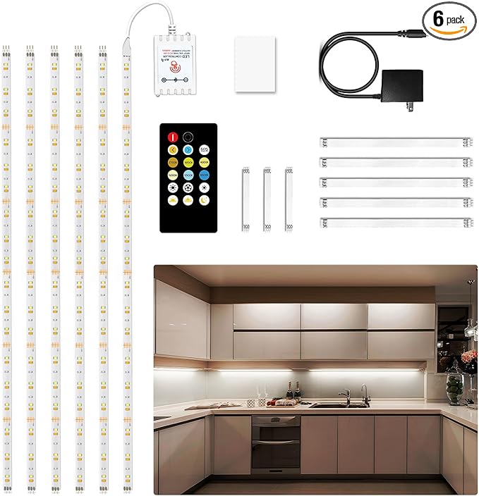 DAYBETTER Under Cabinet Lighting kit, 6 PCS LED Strip Lights with Remote, Dimmer and Adapter, Dimmable for Kitchen Cabinet,Counter,TV Back,Showcase 2700K-6500K Warm to Daylight White, Timing, 20ft
