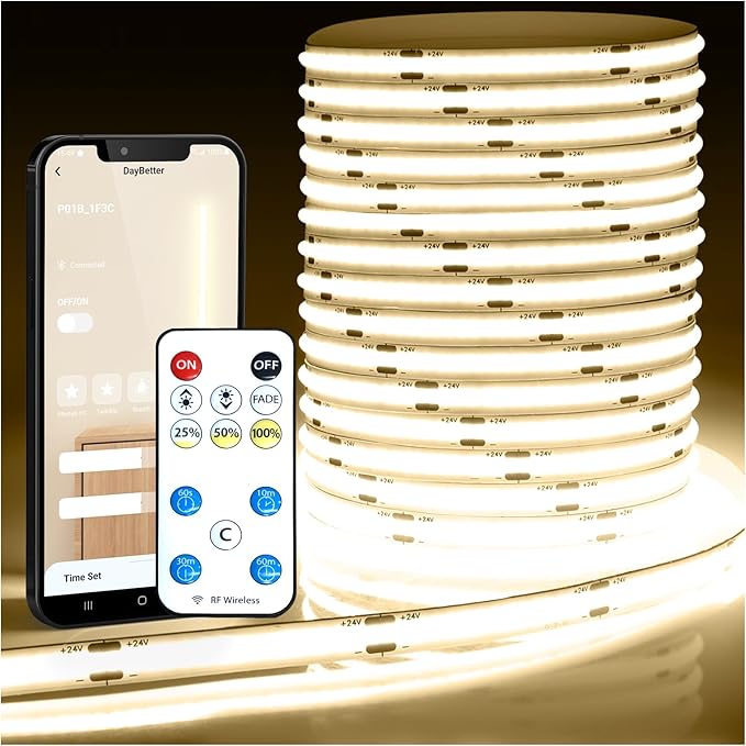 DAYBETTER COB Led Strip Light, Led Light Strips with Remote and App, 16.4 ft 4000K Dimmable Natural White Led COB Light Strip, Indoor COB Led Lights for Bedroom, TV, Cabinet, Closet Lighting