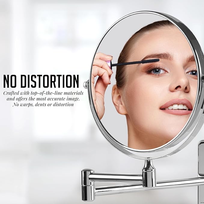 OVENTE 7" Wall Mounted Makeup Mirror with 1X/10X Magnification, Double Sided Magnifying Round Bathroom Vanity Mirror, 360° Swivel Design, Extendable and Folding Arm, Polished Chrome MNLFW70CH1X10X