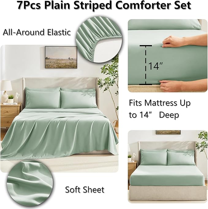 CozyLux Full Size Comforter Sets Sage Green, 7 Pieces Bed in a Bag, Green Comforter Full Size, All Season Bedding Sets with Stitch Quilted Comforter, Flat Sheet, Fitted Sheet, Pillowcases