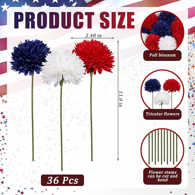 36 Pcs Artificial Chrysanthemums Flowers Patriotic Flowers Decor 4th of July Fake Silk Flowers Bouquet for Home Decor Indoor Memorial Day Table Centerpiece (Red, White, Blue)