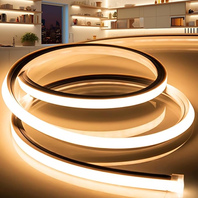 LED Strip Lights Warm White 3000K,32.8ft 110-120V Neon Rope Lights,Flexible Silicone Outdoor Waterproof Neon Strip Lights for Bedroom,Mirror,Kitchen Cabinet, Living Room,Halloween Decor