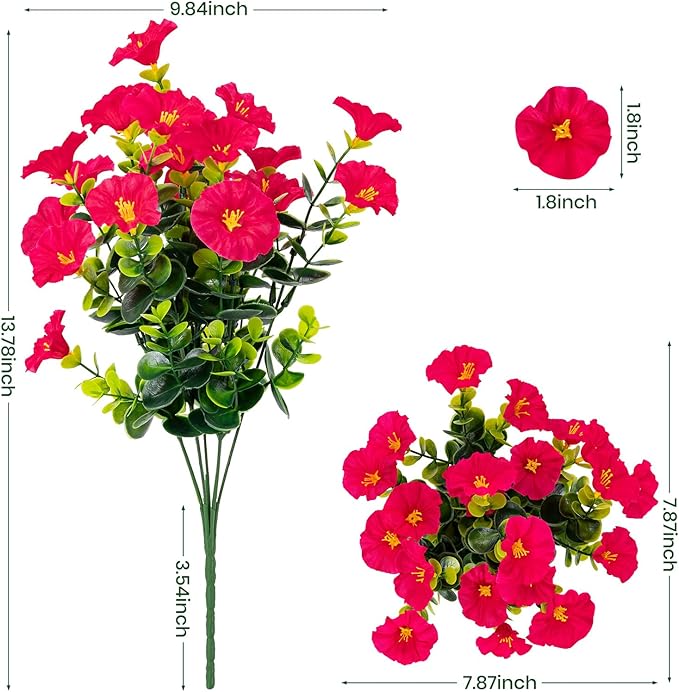 Artificial Faux Flowers for Outdoor 16 Bundles Boxwood Fake Morning Glory for Planter,UV Resistant Fake Flowers for Home Porch Patio Outside（Rose Red）