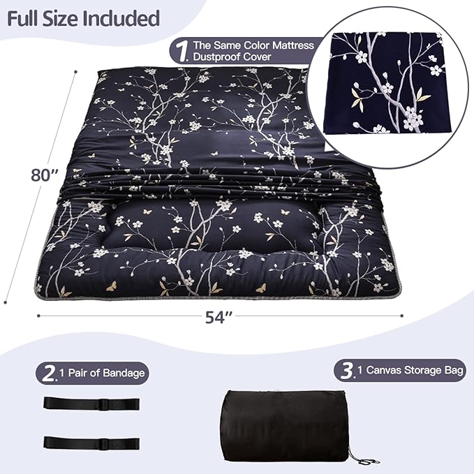 MAXYOYO Japanese Futon Mattress Floor Mattress Sleeping Pad Foldable Bed Roll Up Camping Cushion Floor Lounger Bed Couches and Sofas Couch Topper, Navy Floral, Full Size