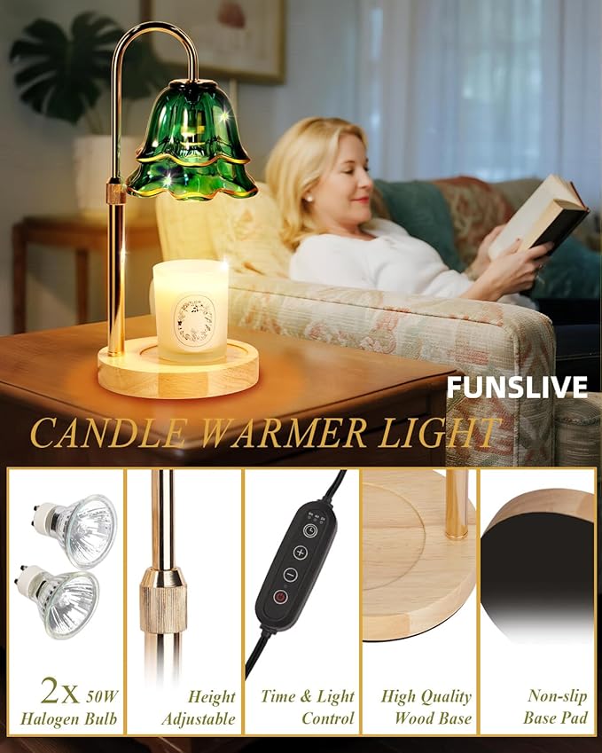 Green Candle Warmer Lamp with Timer Dimmable, Flower Candle Warming Light Height Adjustable, Wax Melt Warmer Candle Lamp for Jar Scented Candles, Birthday Christmas Housewarming Gifts for Women Mom