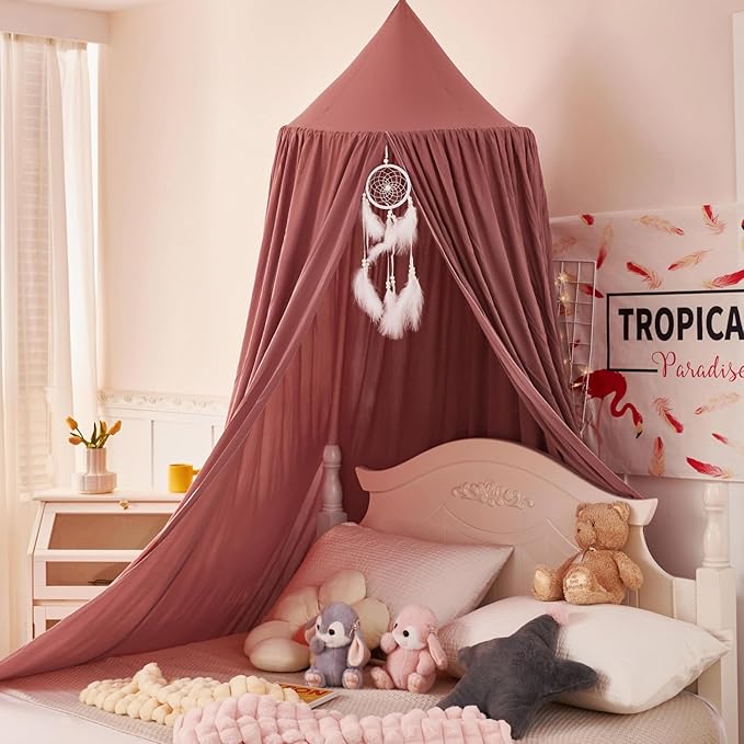 dix-rainbow Princess Decor Canopy for Kids Bed, Soft and Durable Bed Canopy for Girls Room Tent Canopy Dreamy Mosquito Net Bedding, Children Reading Nook Canopies Indoor（Red Bean）