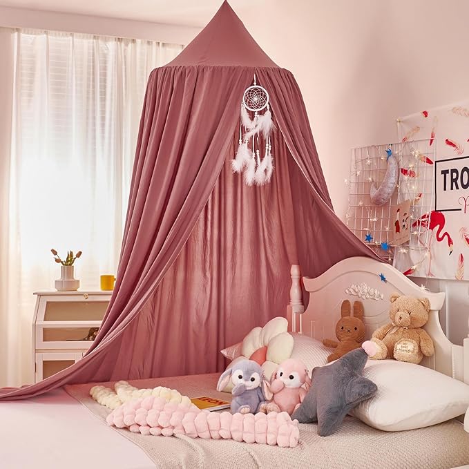 dix-rainbow Princess Decor Canopy for Kids Bed, Soft and Durable Bed Canopy for Girls Room Tent Canopy Dreamy Mosquito Net Bedding, Children Reading Nook Canopies Indoor（Red Bean）
