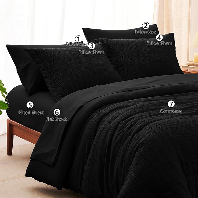 CozyLux King Size Comforter Set Black Seersucker 7 Pieces Bed in a Bag King Comforter Set with Sheets, Luxury Soft Bedding Set with Down Alternative Comforter, Sheets, Pillowcases & Shams All Seasons