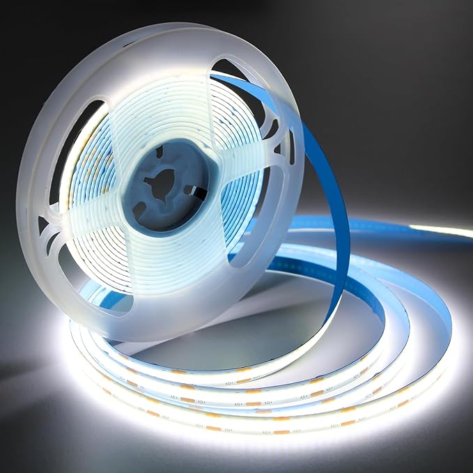 iNextStation COB LED Strip Light White 6000K 16.4ft/5M DC12V CRI 93+ Flexible LED Tape Lights 8mm for Bedroom, Kitchen, TV Backlight, Cabinet, Stage, Home DIY Lighting Decor(No Plug)