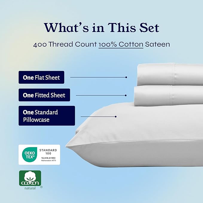 California Design Den Twin Bed Sheets Set - 400 Thread Count Sateen, Natural 100% Cotton Bedsheets, Deep Pockets with All Around Elastic, Soft, Cool and Durable Bedding - Silver