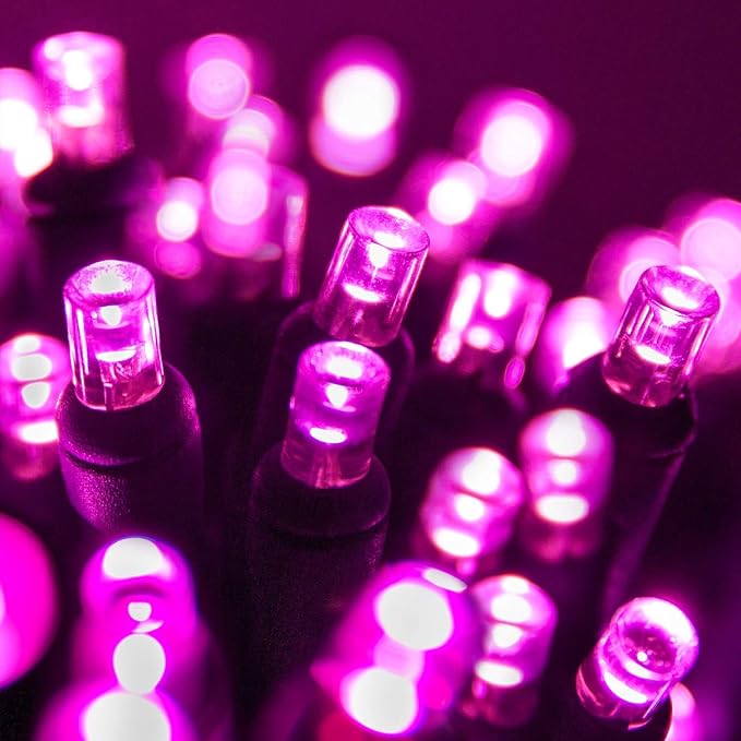 5mm LED Wide Angle Pink Prelamped Light Set, Green Wire - 70 5mm Pink LED Christmas Lights, 4" Spacing
