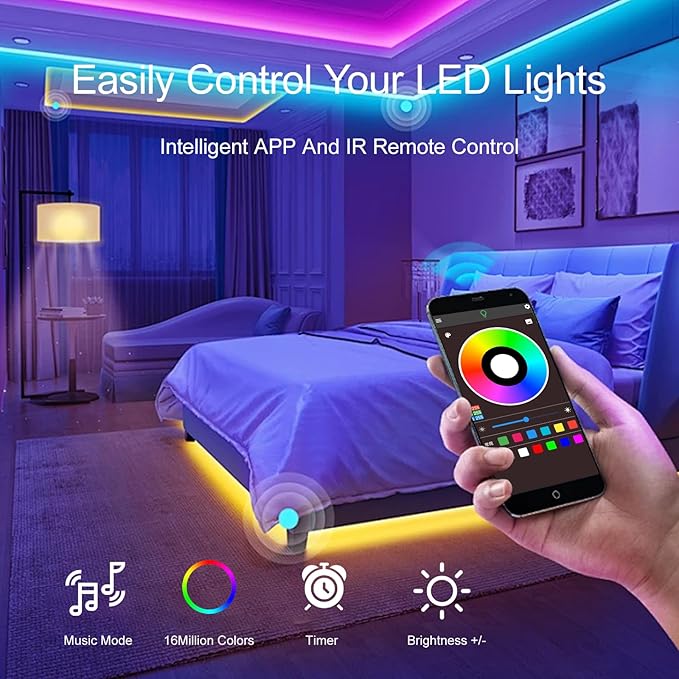 50 FT LED Lights For Bedroom, Music Synchronized RGB Color Changing LED Strip Lights, With 44 Key Infrared Remote Control and Application Control, Room Home Living Room Kitchen Decoration Party