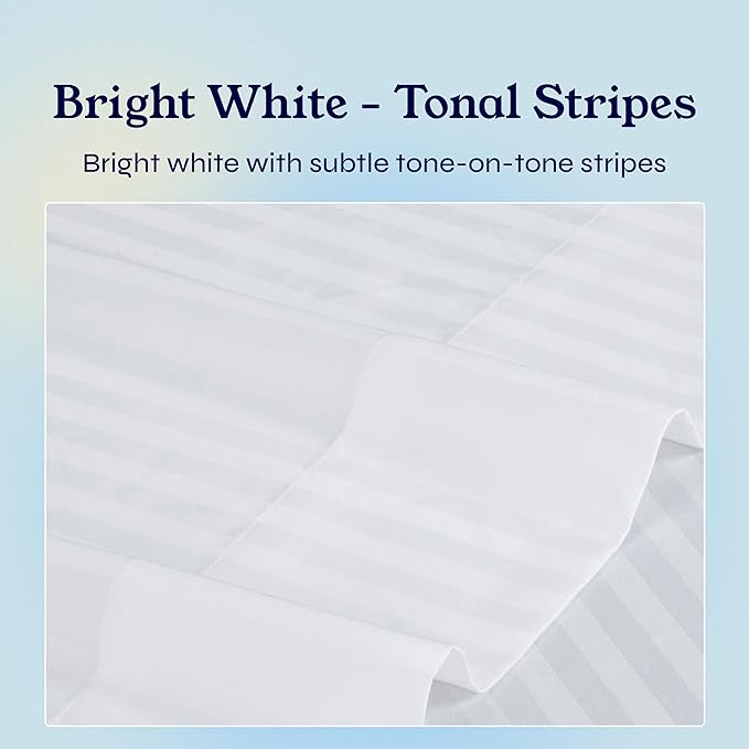 California Design Den Striped King Size Sheets Set - Soft 400 Thread Count Sateen, Natural 100% Cotton Sheets with Deep Pockets, Cooling and Durable Bedding Set - Striped White