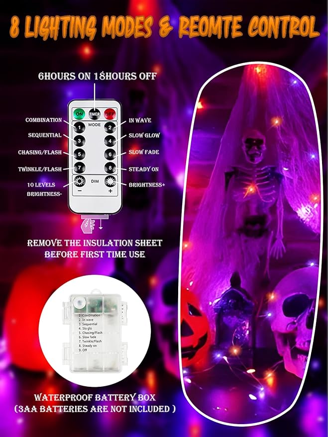 4-Pack 33FT 100 LED Fairy Lights Battery Operated with Remote & Timer, Fairy Halloween String Lights, Waterproof 8 Modes Twinkle Lights for Room Decor (Purple and Orange)