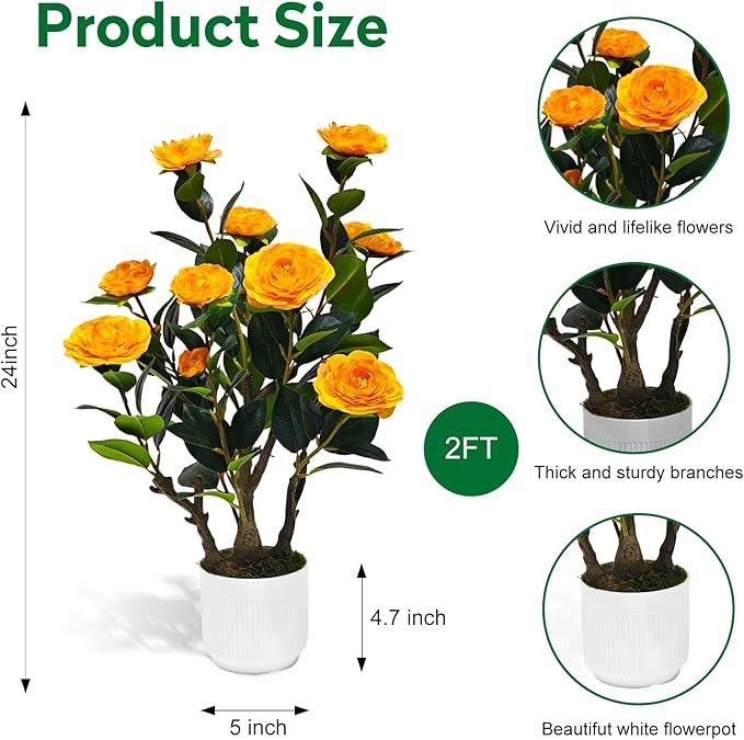 2Pack Artificial Camellia Tree, 2FT Faux Camellia Plant in Pot with Orange Flowers for Spring Home Front Door Outdoor Indoor Decoration,Orange
