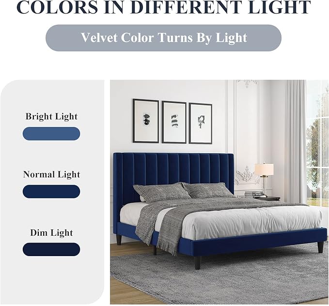 Allewie Queen Platform Bed Frame/Velvet Upholstered Bed Frame with Vertical Channel Tufted Headboard/Strong Wooden Slats/Mattress Foundation/Box Spring Optional/Easy Assembly/Navy Blue