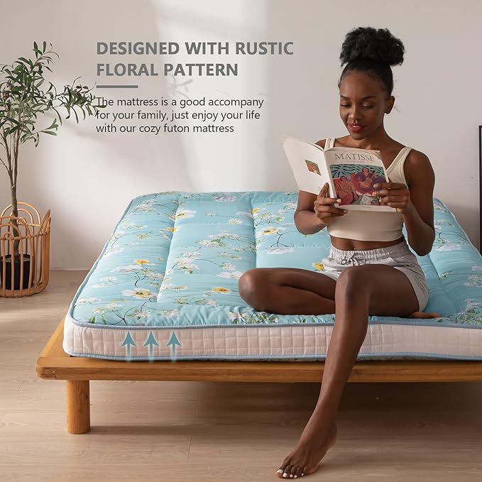 MAXYOYO Rustic Floral Korean Futon Mattress, Padded Japanese Floor Mattress Quilted Bed Mattress Topper, Extra Thick Folding Sleeping Pad Breathable Floor Lounger Guest Bed for Camping Couch, Twin
