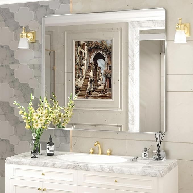 40x36 Inch Brushed Nickel Bathroom Mirror for Wall, Rounded Rectangle Silver Framed Bathroom Vanity Mirror, Anti-Rust, Shatterproof, Hangs Horizontally or Vertically
