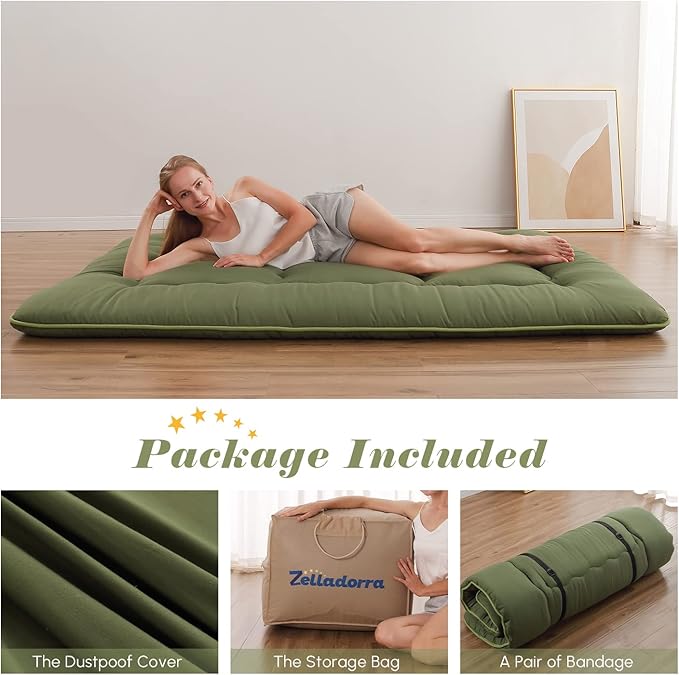 Japanese Floor Mattress, Futon Mattress with Portable Storage Bag and Washable Cover, Roll Up Thick Tatami Mat Suitable for Camping, Guest Room, Green, Full