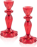 Glass Candle Holders, 2PCS Wide Base Candlestick Holder Decorative Candle Stand Table Centerpieces for Wedding Birthday Halloween Christmas Party, Red
