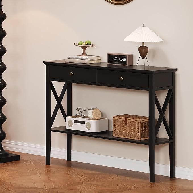 ChooChoo Console Table with Drawers, Narrow Wood Accent Sofa Table Entryway Table with Storage Shelf for Entryway, Front Hall, Hallway, Living Room, Black