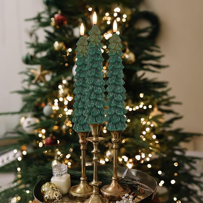 GenSwin Christmas Tree Flameless Taper Candles with Remote Timer, Christmas LED Taper Candles with 3D Flame, 4 Pcs Green LED Candlesticks for Christmas Home Decoration(0.78” x 9.8”)