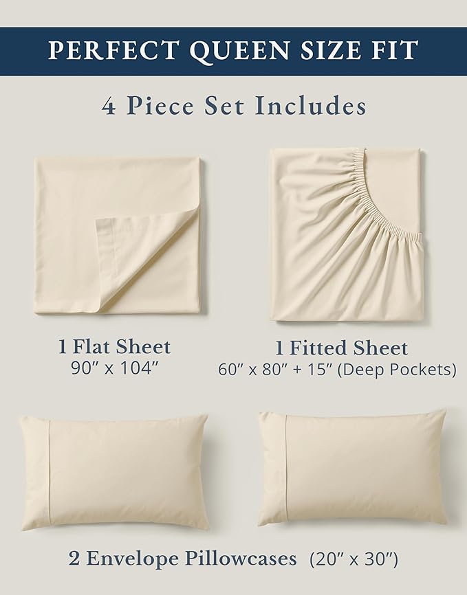 LANE LINEN 100% Organic Cotton Queen Sheets, 4Pc Cotton Sheets Set, Classic Percale Weave Bedsheets Queen Size Bed, Soft Breathable Sheet & Pillowcase Sets, Deep Pocket 15" - Natural