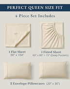 LANE LINEN 100% Organic Cotton Queen Sheets, 4Pc Cotton Sheets Set, Classic Percale Weave Bedsheets Queen Size Bed, Soft Breathable Sheet & Pillowcase Sets, Deep Pocket 15" - Natural