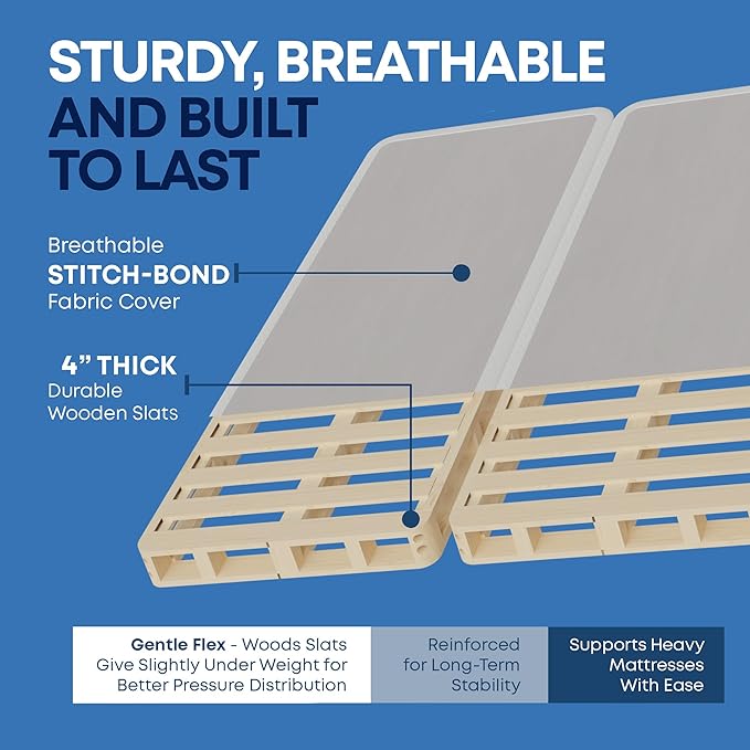 Nutan Inch Sturdy Box Spring for Mattress Support-Durable and Fully Assembled, Natural Wood Queen, White, 4" Foundation