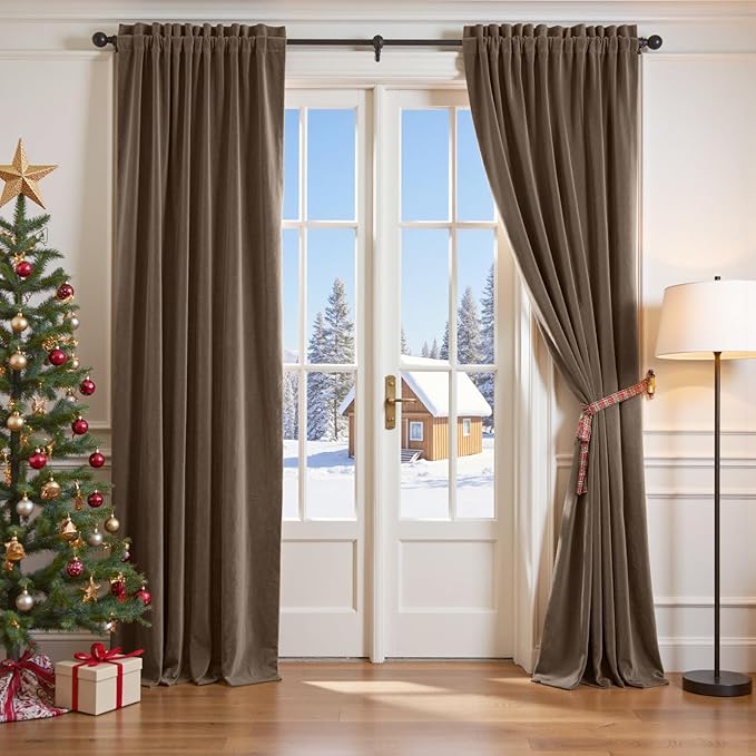 Lazzzy Velvet Blackout Curtains Thermal Insulated Room Window Drapes Super Soft Luxury Curtains for Living Room Bedroom Rod Pocket 2 Panels, Truffle, 52" W x 84" L
